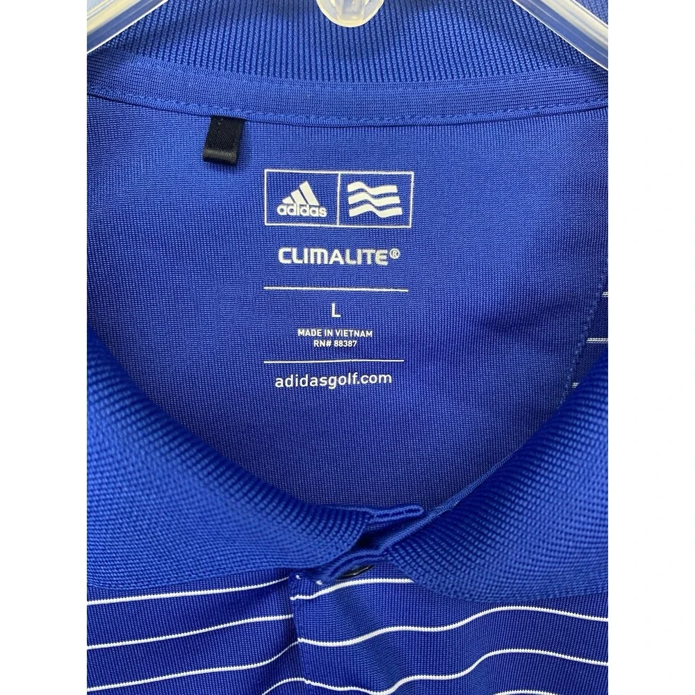 Mens L Climalite Adidas‎ Golf Blue Preppy Short Sleeve Polo Striped Shirt